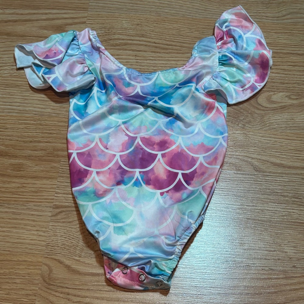 Vogue Fashion Baby Girl Mermaid Scale Swimsuit Ruffle Sleeve Watercolor Pink 90